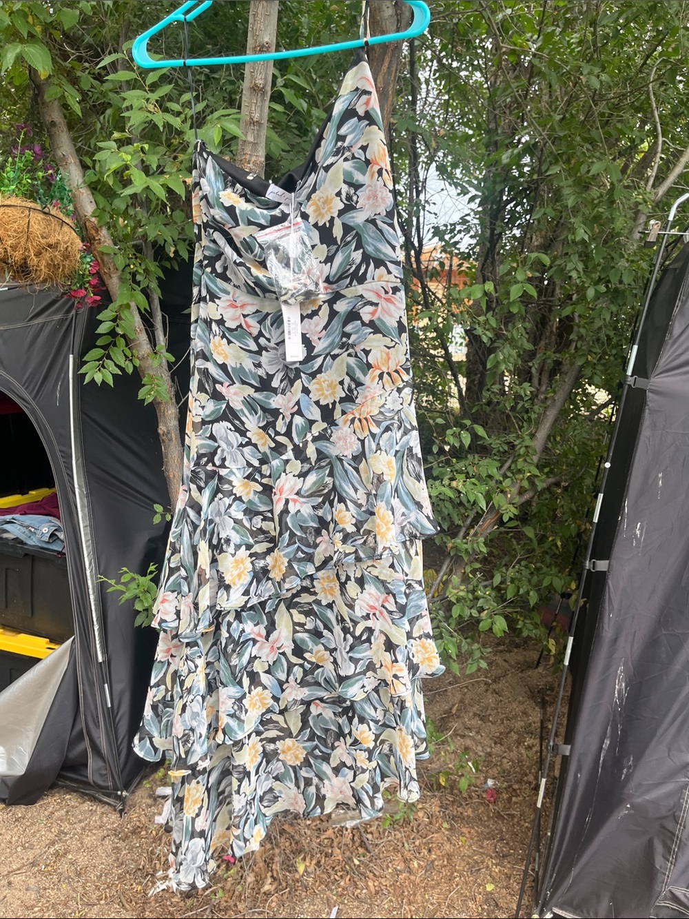 Petal & Pup Black Strapless Floral Tiered Slip Dress with Pastel Blooms - Picture 8 of 9